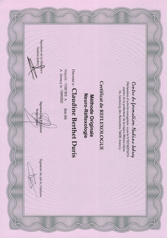 photo diplome Claudine BERTHET DURIS Réflexologie