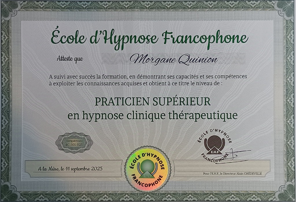 photo diplome Morgane Quinion Hypnothérapeute
