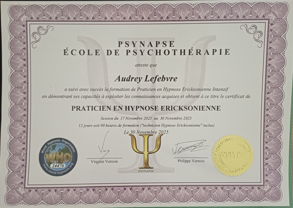 photo diplome Audrey Lefebvre - Flandreshypno