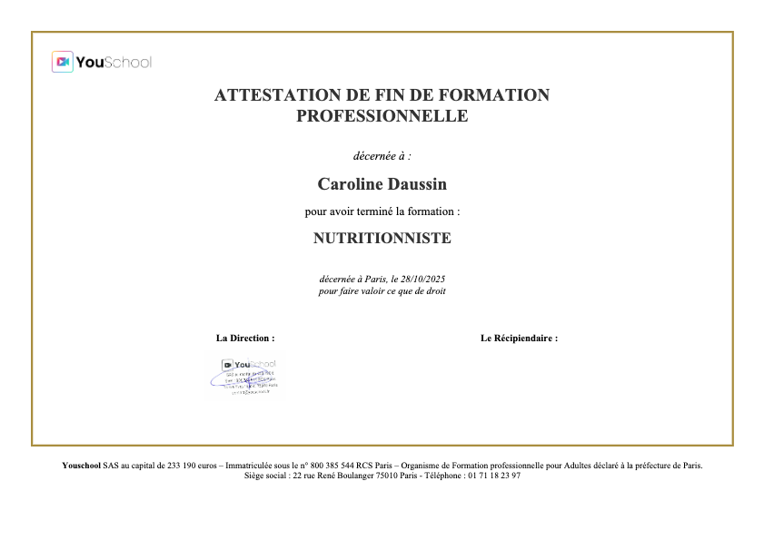 photo diplome Caroline - NutriOptima