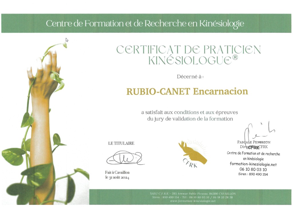 photo diplome Kinésiologue Inca