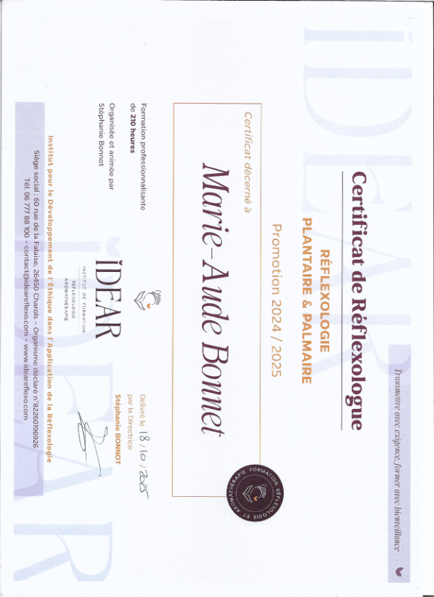 photo diplome Réflexologie par Marie-Aude