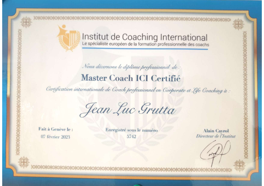 photo diplome COACH TON POTENTIEL Jean-Luc GRUTTA