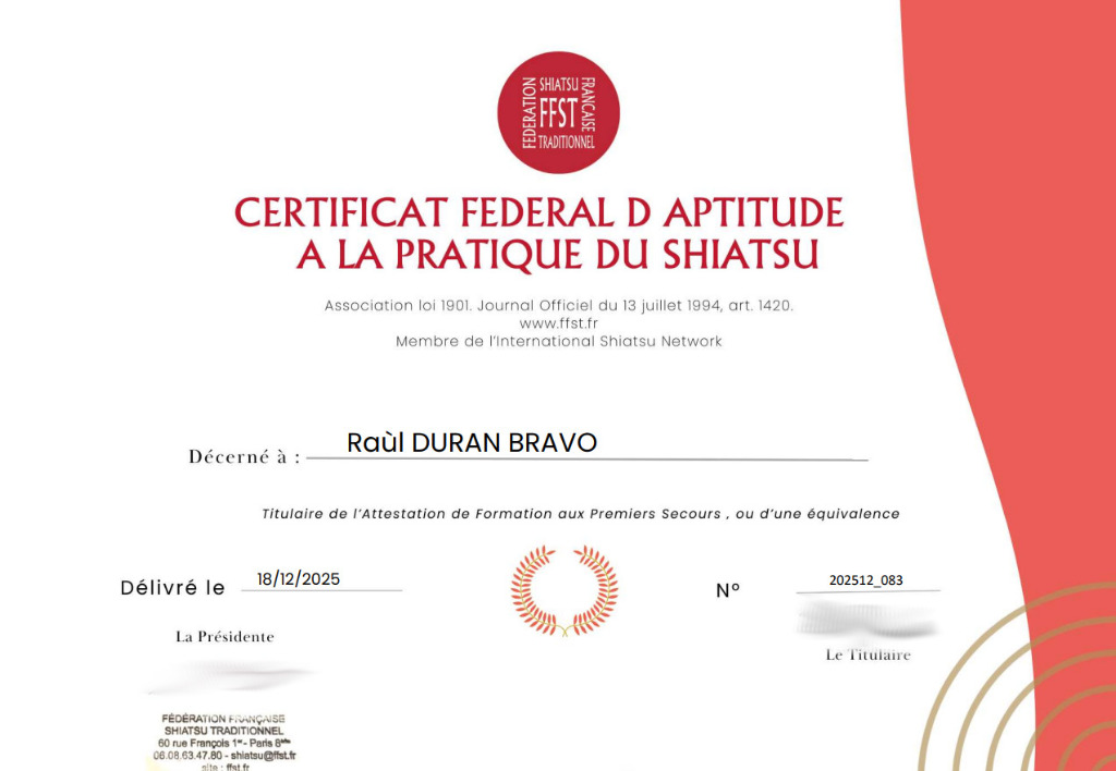 photo diplome Bravo Sensei – Shiatsu