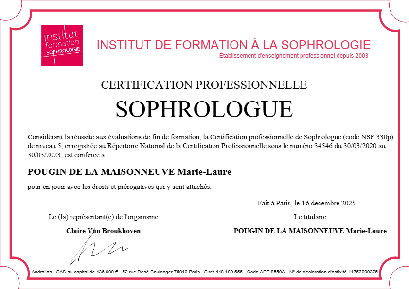 photo diplome Pougin de la Maisonneuve - Aufildesoimlsophrologie