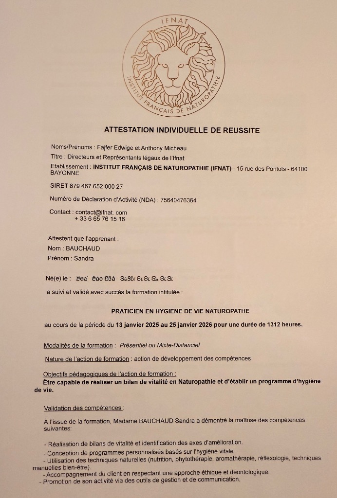 photo diplome Âme Natur’L | Sandra Bauchaud