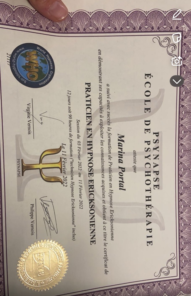 photo diplome MP Hypnose