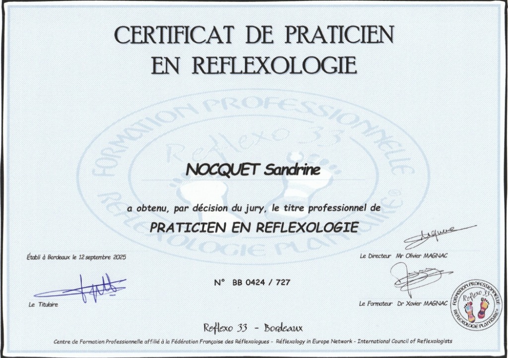 photo diplome Sandrine Nocquet - Réflex’O Cap Sizun