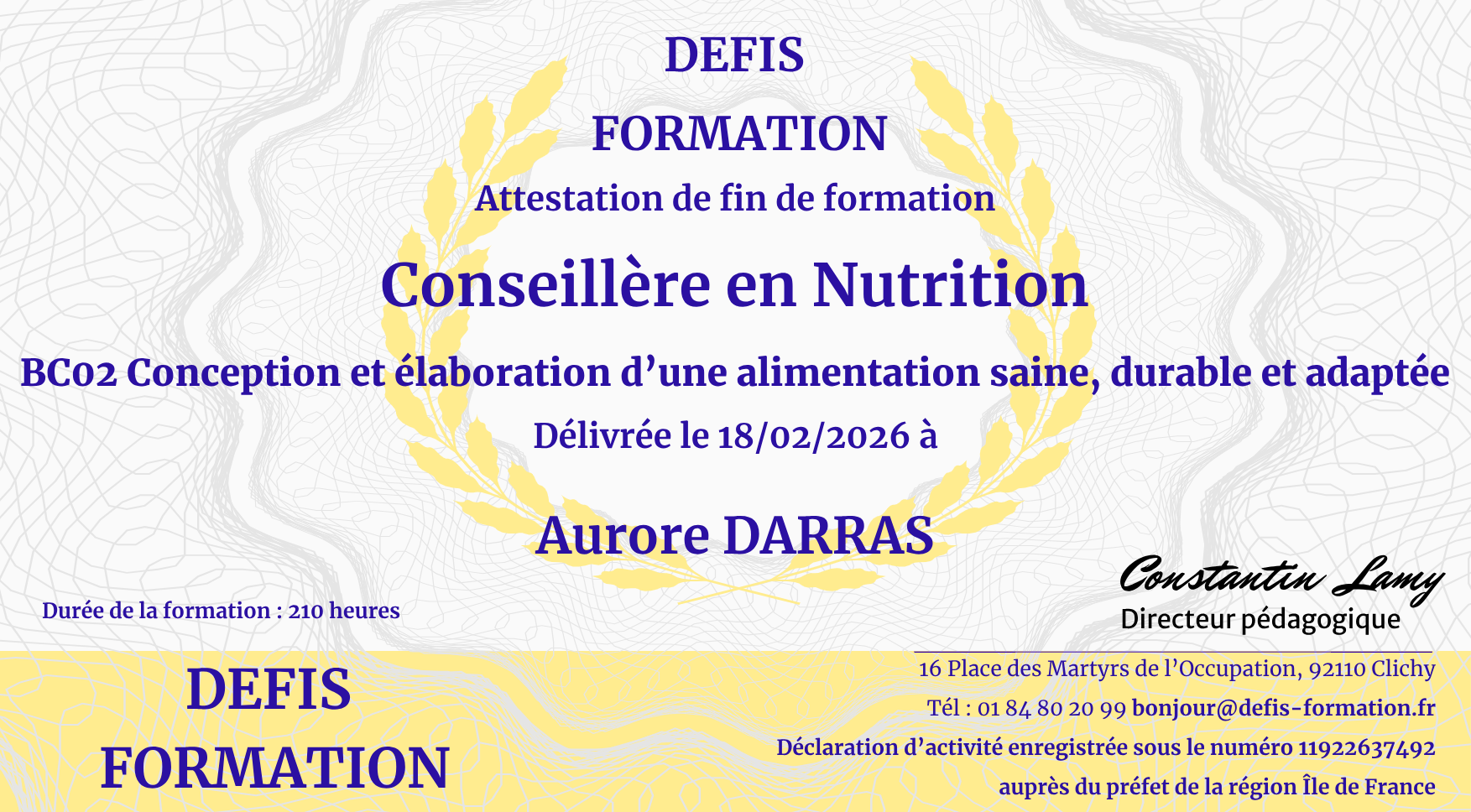 photo diplome Aurore DARRAS - CAP NUTRITION