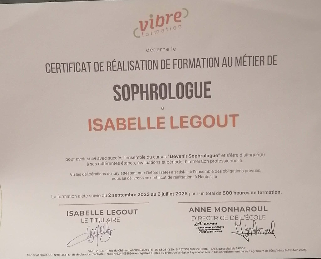 photo diplome Isabelle Legout des petits pas