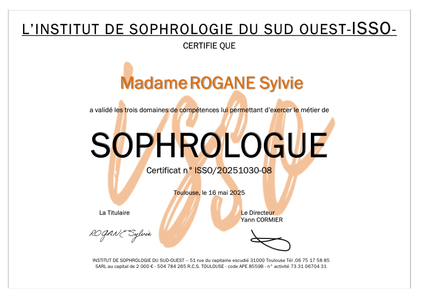 photo diplome Sylvie Rogane Sophrologue