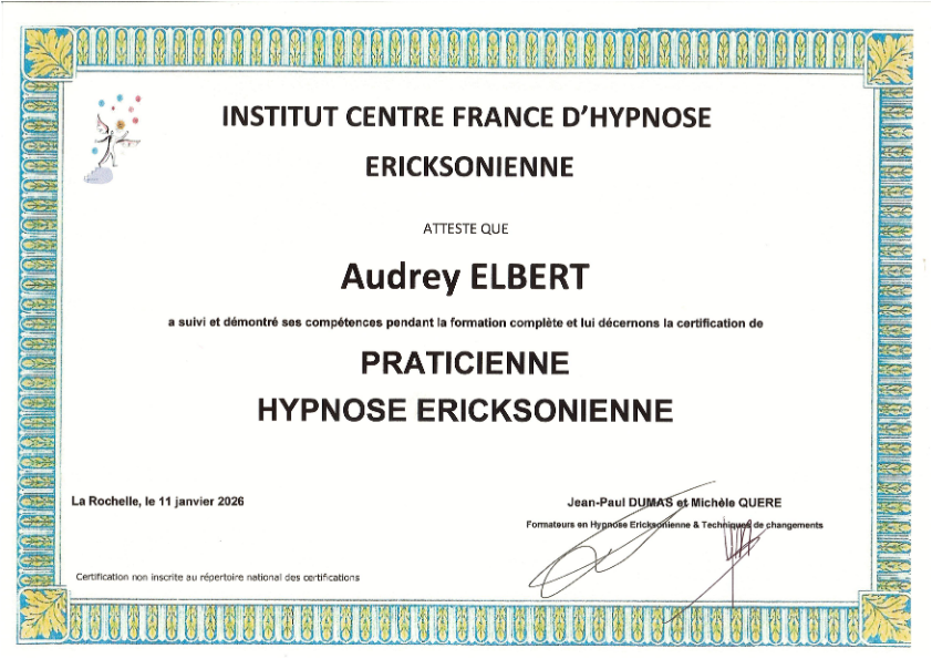 photo diplome Audrey ELBERT - Cabinet d’Hypnothérapie