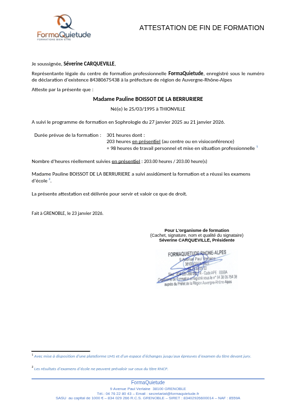 photo diplome Pauline Boissot Sophrologue 