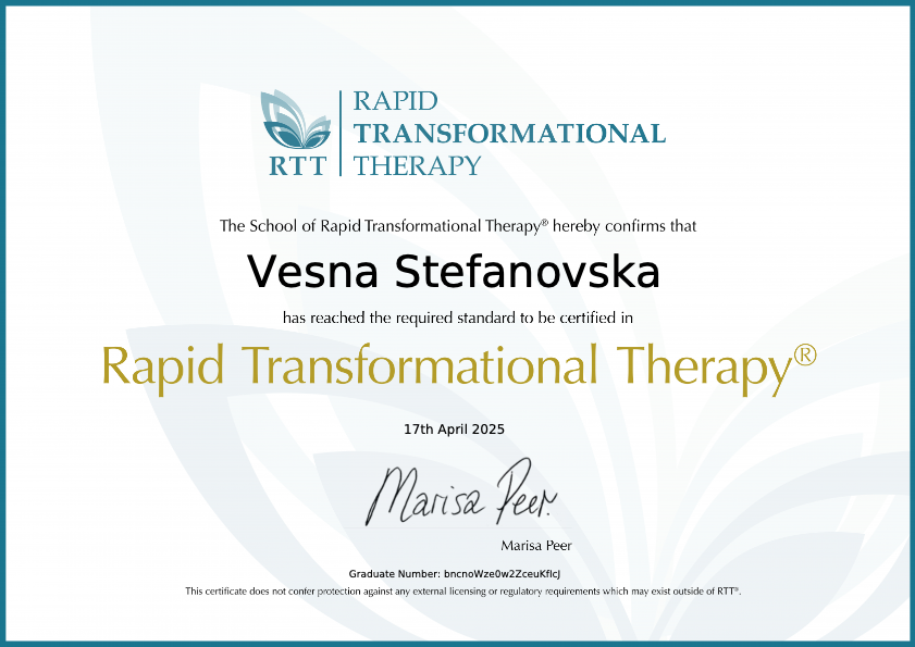 photo diplome Vesna STEFANOVSKA                Praticienne RTT ®