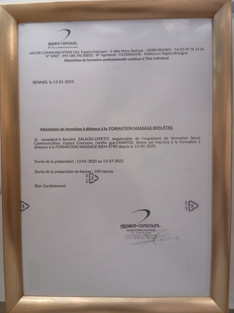 photo diplome SOCIÉTÉ E.I. AMANT MASSAGES