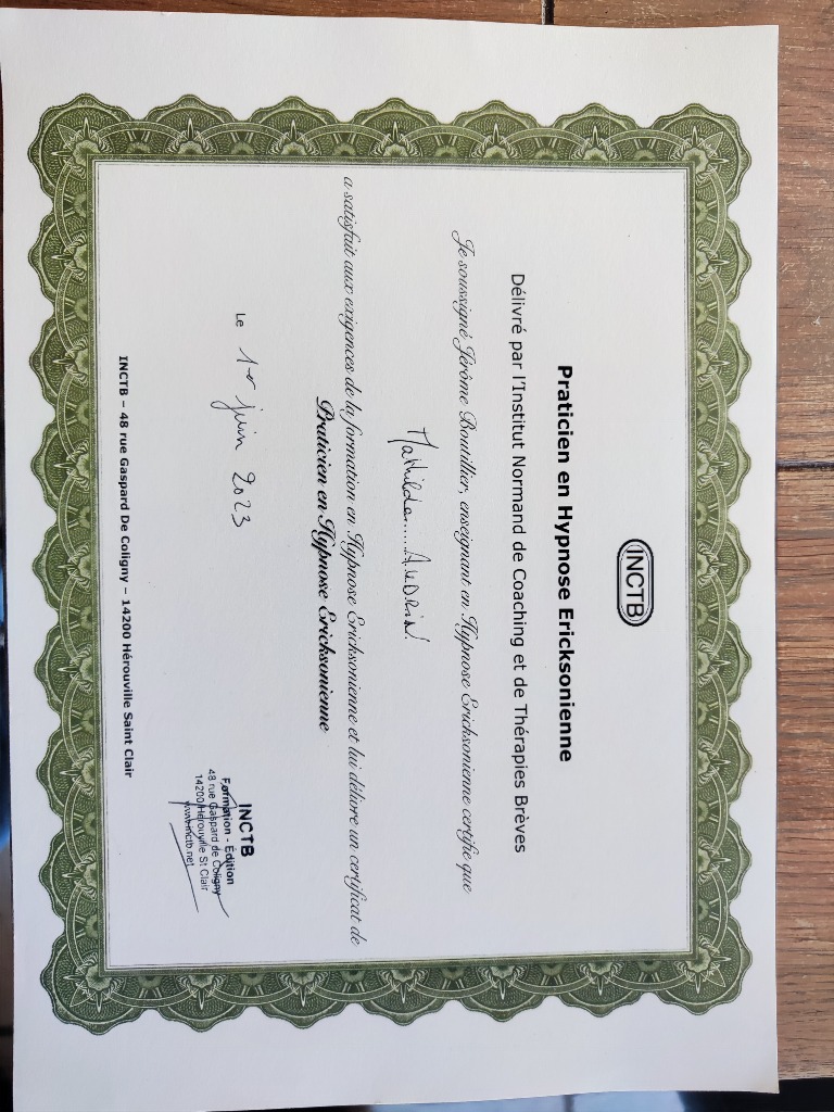 photo diplome Hypnose & Bien-être