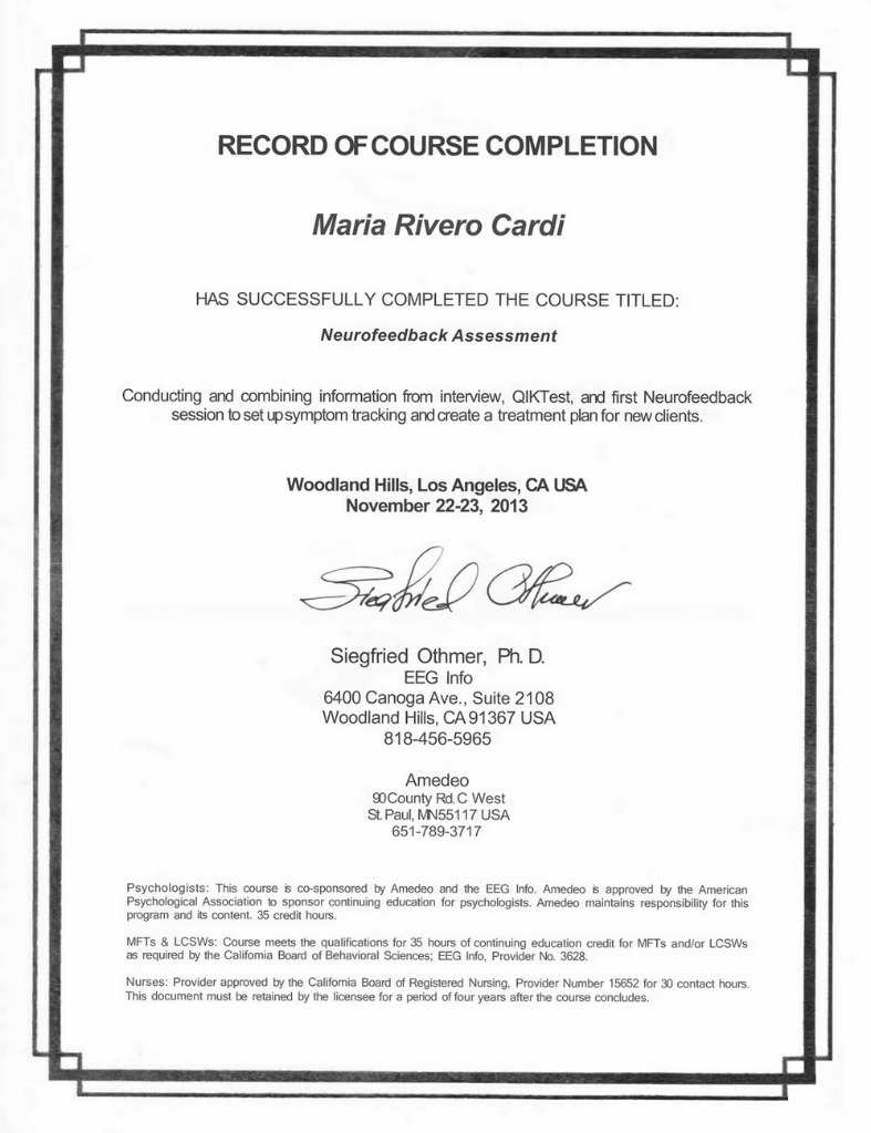 photo diplome Dr Maria RIVERO CARDI - Neurofeedback Plélan