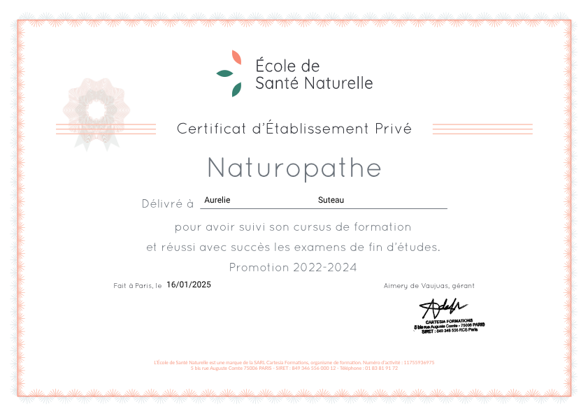 photo diplome Aurélie Suteau - Natur’O Bien-être
