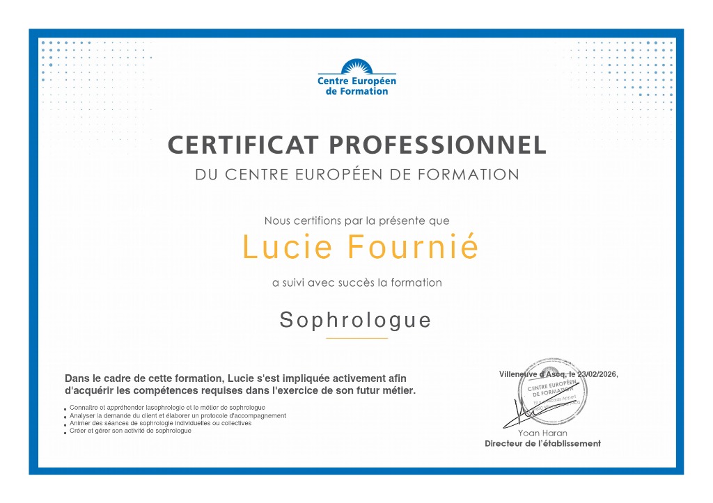 photo diplome Serenity Sophrologie 