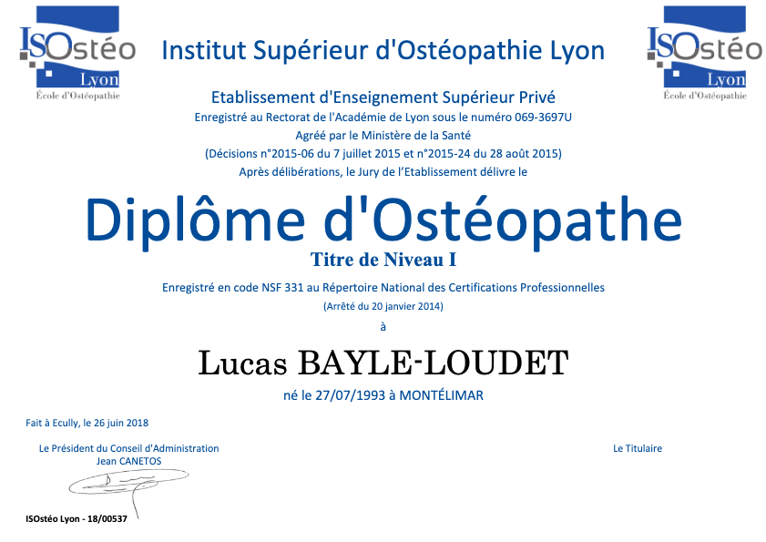 photo diplome Lucas Bayle-Loudet Ostéopathe