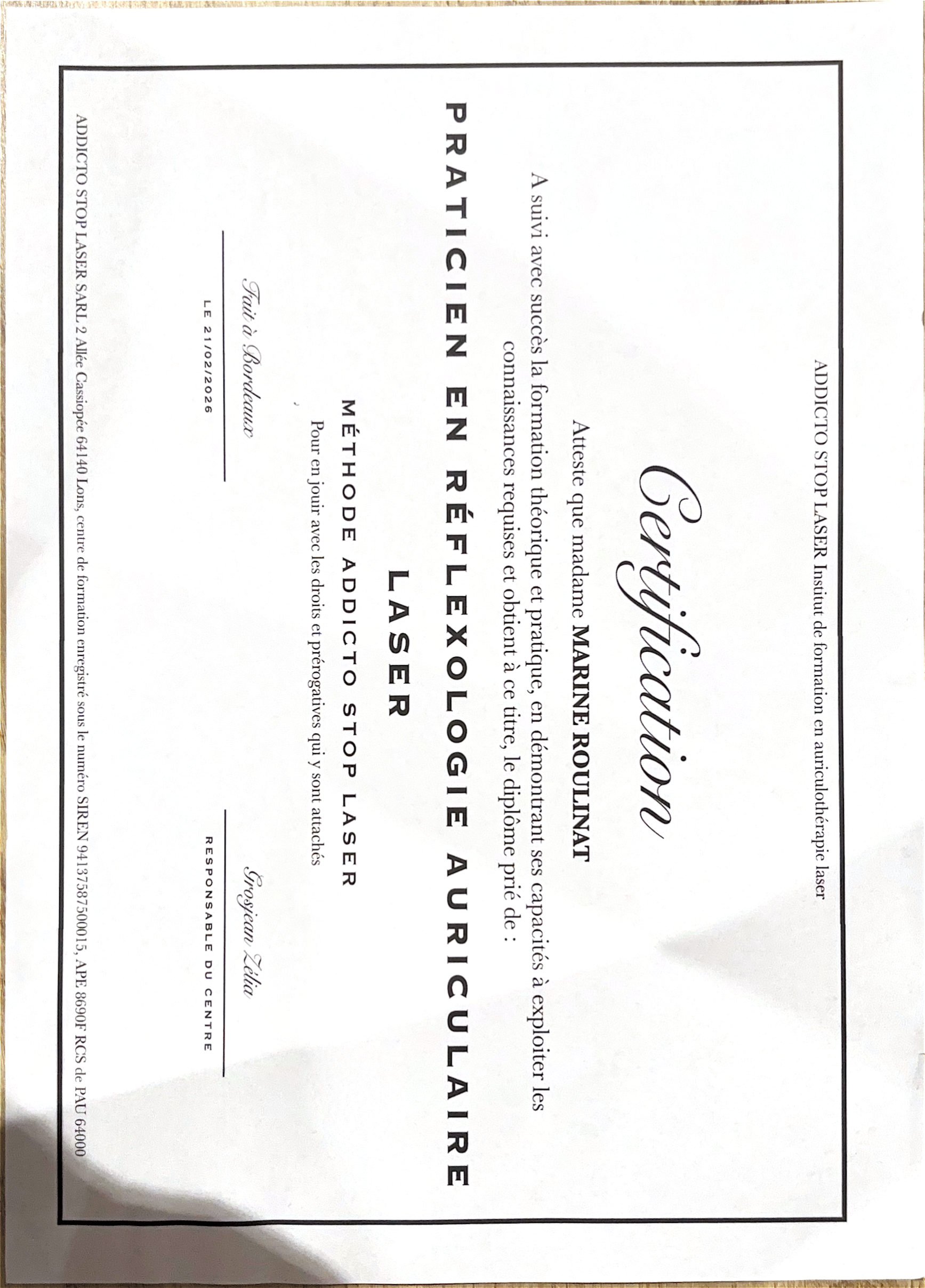 photo diplome Addicto stop laser Dax 