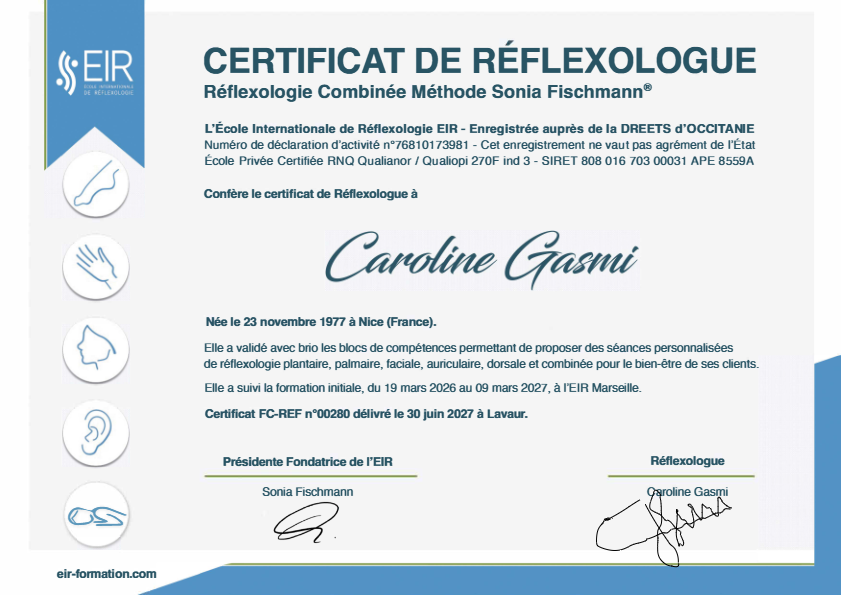 photo diplome Caroline Manara réfléxologue
