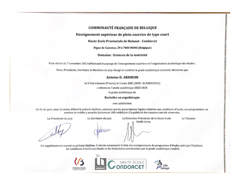 photo diplome Ergothérapeute et Coach Sportif TOXY.RX