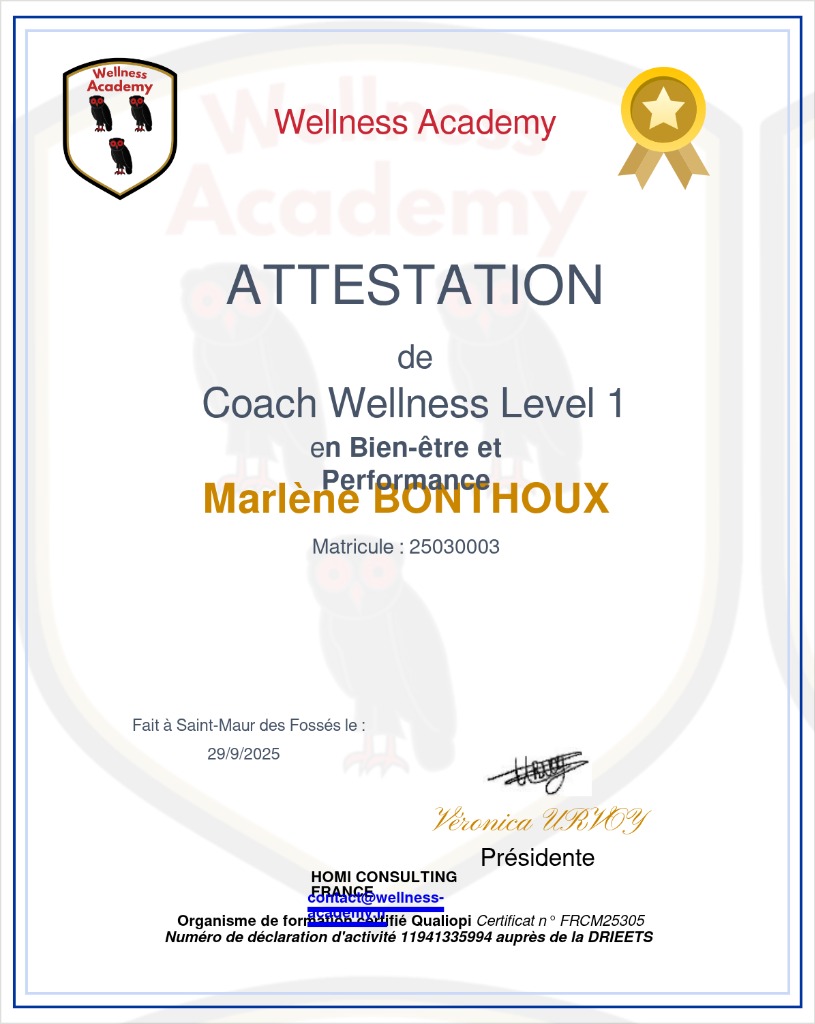 photo diplome Marlène, Coach Wellness