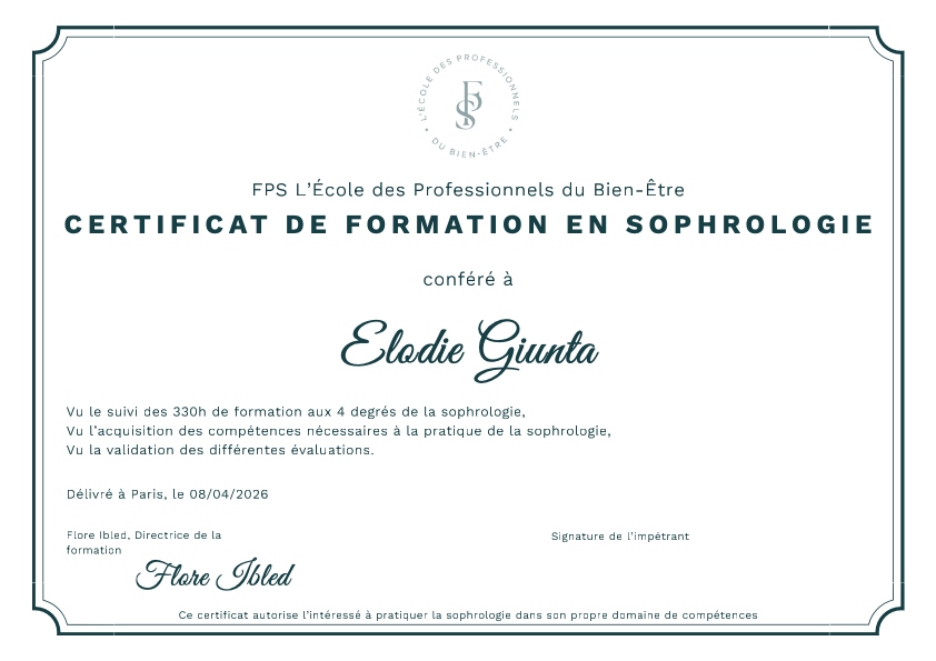 photo diplome Elodie Giunta Sophrologue acouphènes et burn out