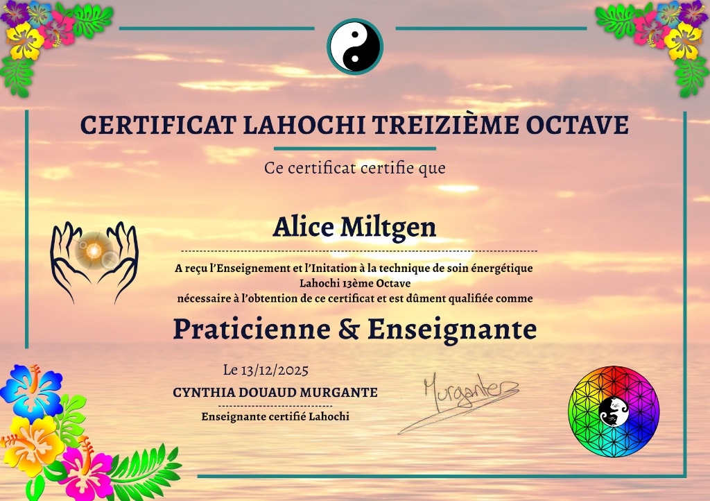 photo diplome Alice Miltgen - Accompagnement Holistique 