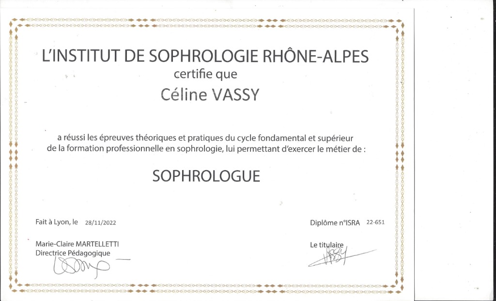 photo diplome Céline Vassy - Pause Papillon Sophrologie