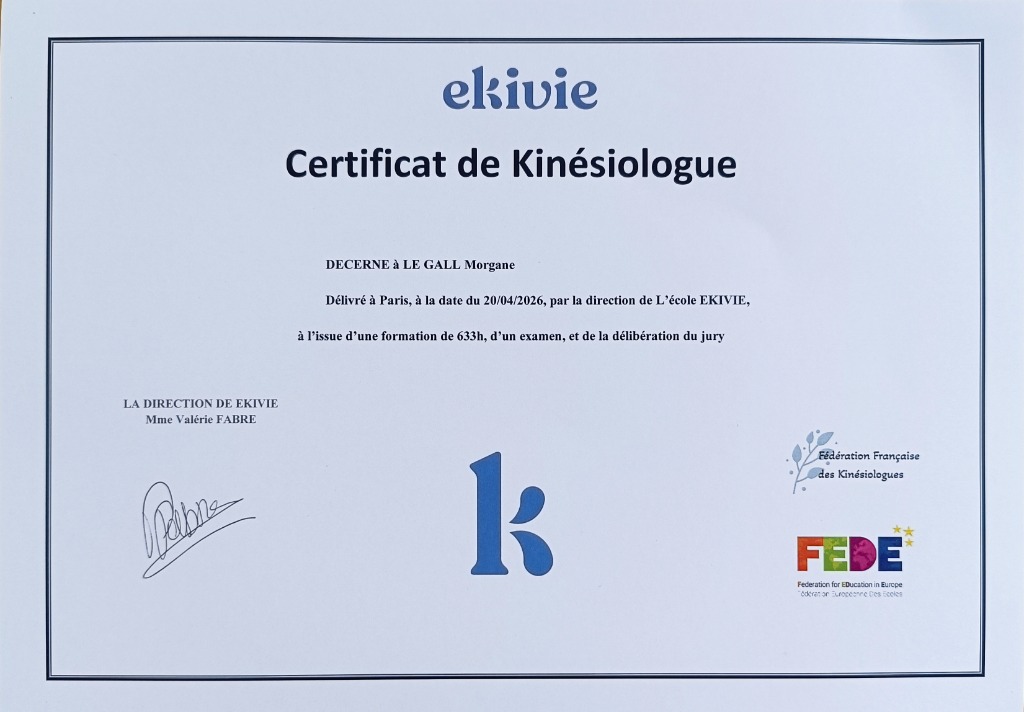 photo diplome Morgane Le Gall Kinésiologue certifiée