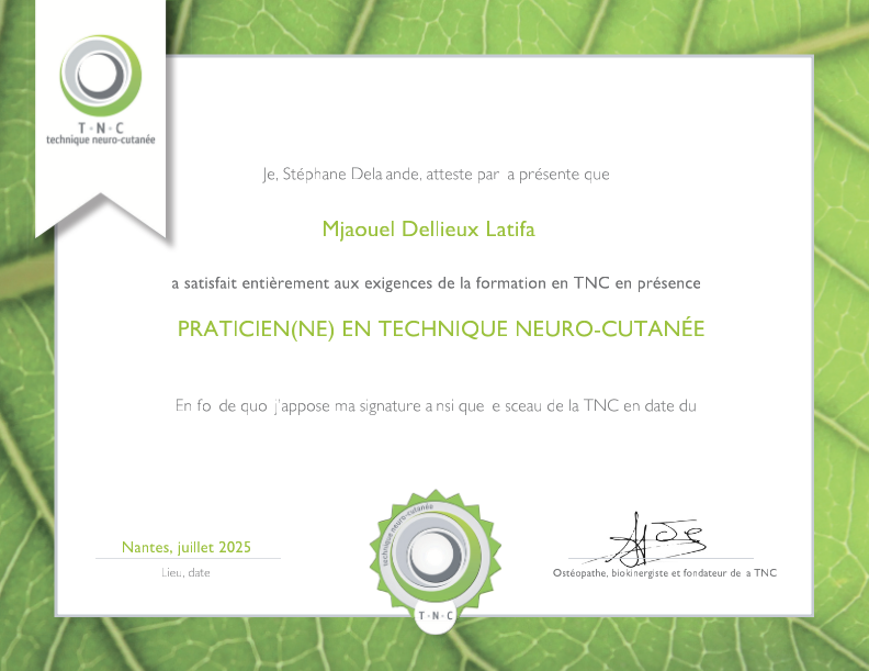 photo diplome Magnétiseuse praticienne en Téchnique Neuro Cutané