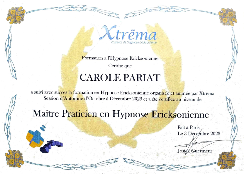 photo diplome Accompagnante Périnatal HypnoNatal Carole Pariat