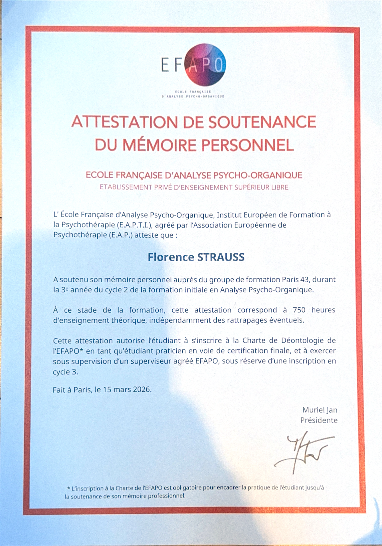 photo diplome FLORENCE STRAUSS /LES SENS DE SOI