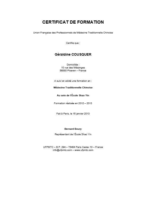 photo diplome Géraldine Cousquer – Holossens