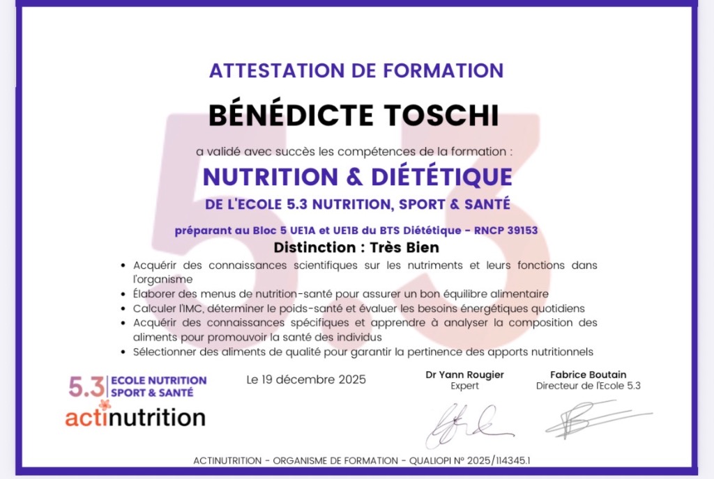 photo diplome Bénédicte Coaching Nutrition Pleine Sante