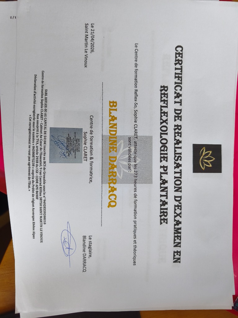 photo diplome Amalurra Réflexologie