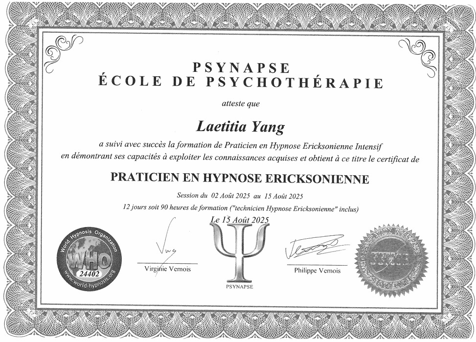photo diplome Laetitia HYPNOSE