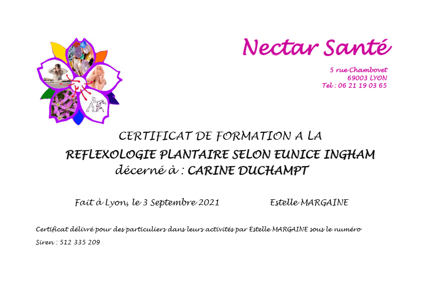 photo diplome Carine DUCHAMPT_Praticienne en Réflexologie