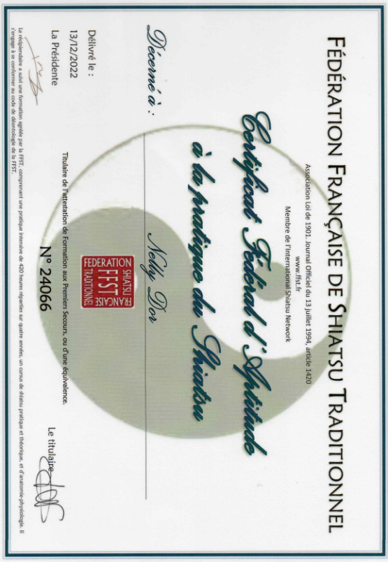photo diplome NELLY DOR ZEN SHIATSU