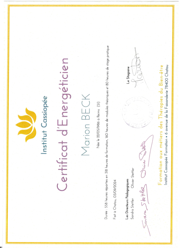 photo diplome Marion Oddo Thérapeute énergéticienne