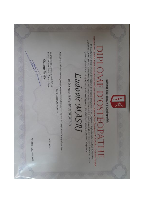 photo diplome Ludovic Masri - Ostéopathe D.O