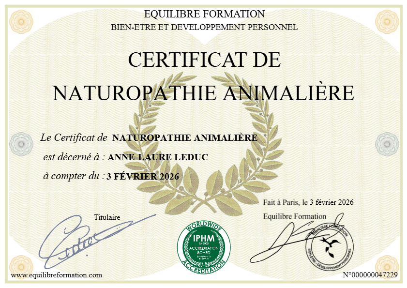 photo diplome Âme Animale - Naturopathie Animalière