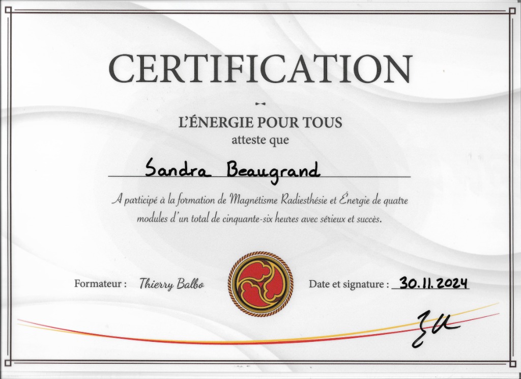 photo diplome HarmonyEnergetic - Sandra BEAUGRAND