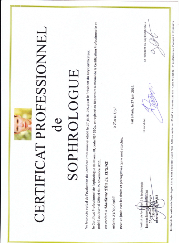 photo diplome Un Havre de Sophrologie et d’Hypnose