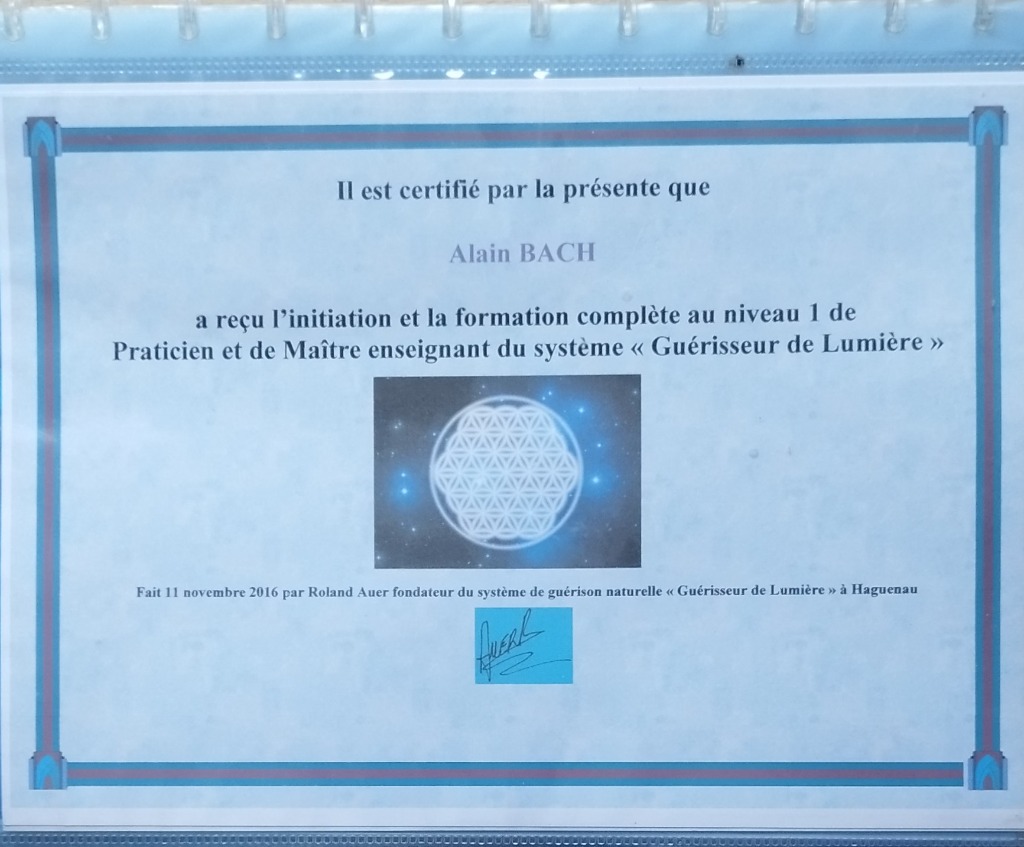 photo diplome Alain Bach - Énergéticien Guérisseur