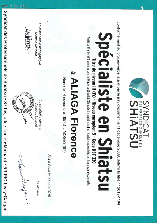 photo diplome CENTRE DE SHIATSU TRADITIONNEL FLORENCE ALIAGA
