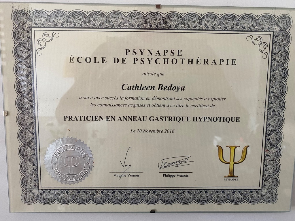 photo diplome Hypnotherapie par Cathleen Bedoya
