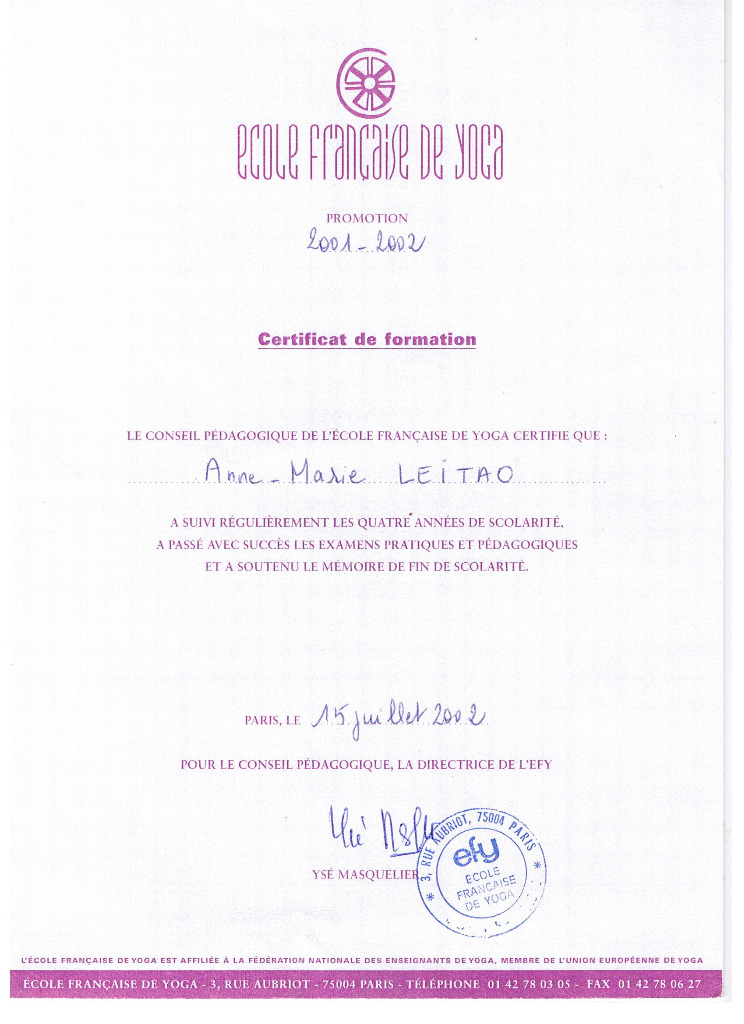 photo diplome Perle Intérieure Yoga Méditation